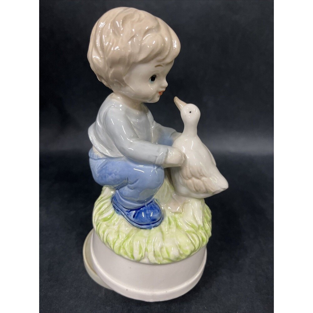 VTG‎ Rotating Music Box Ceramic Figurine Boy & Duck 7” Tall Works